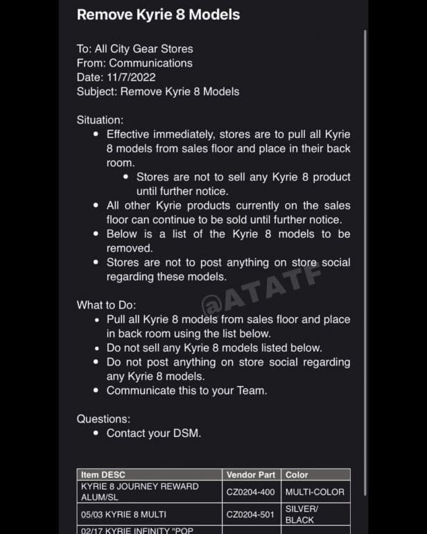 Reported email sent from Nike to retailers.